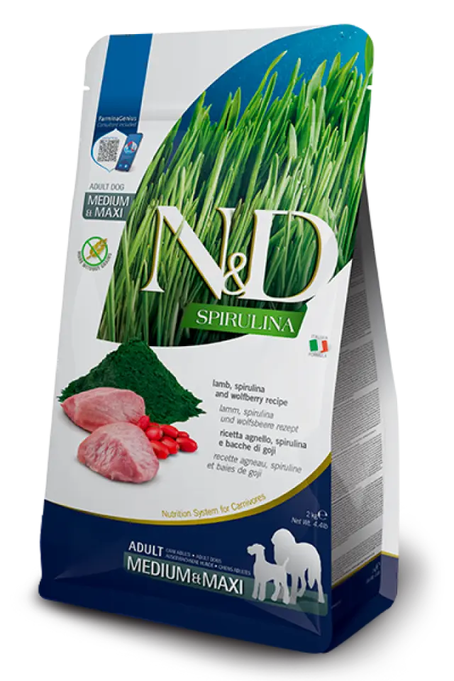 Фото Корм сухий для собак Фарміна N&D SPIRULINA LAMB ADULT MEDIUM & MAXI з ягням, спіруліною та ягодами годжі купити за ціною ₴3889.00